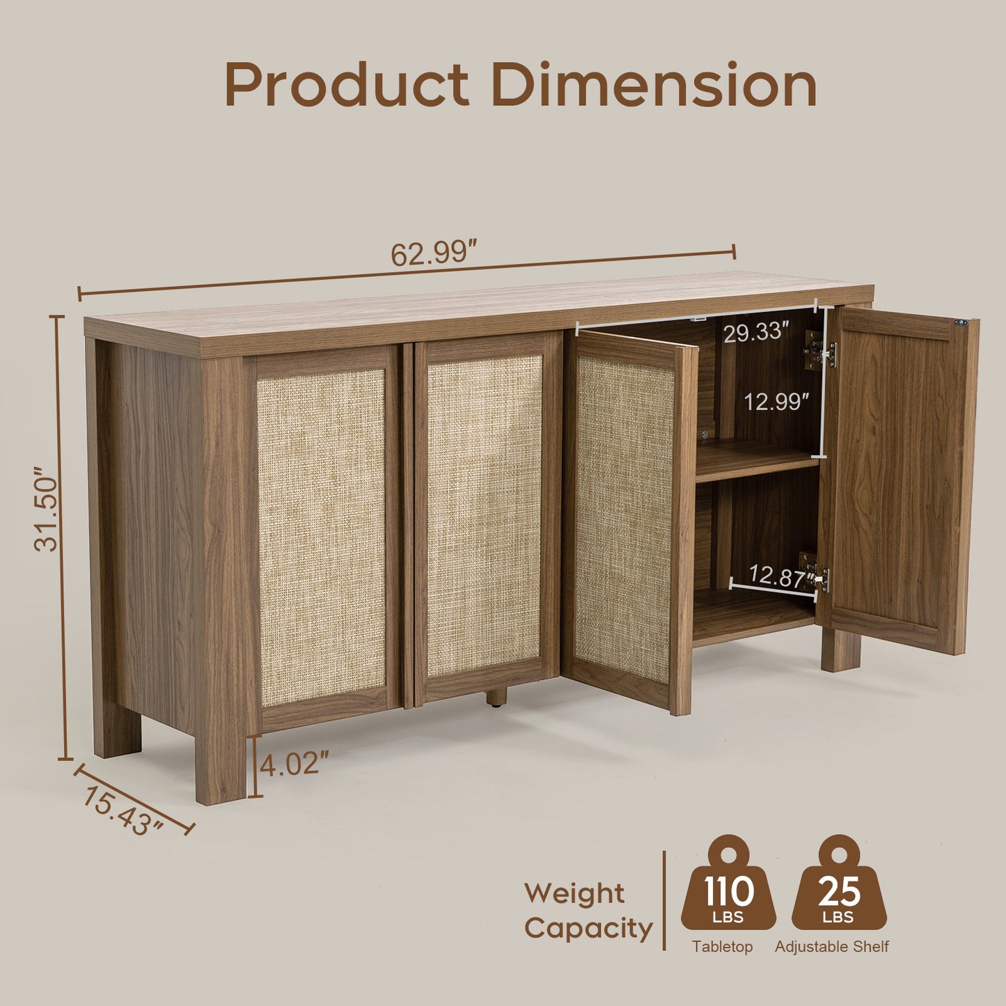 Brafabhome 63" Wide Sideboard with Solid Wood Handles, 4 Doors Buffet Cabinet with Storage Shelf for Living Room, Dining Room, Entryway