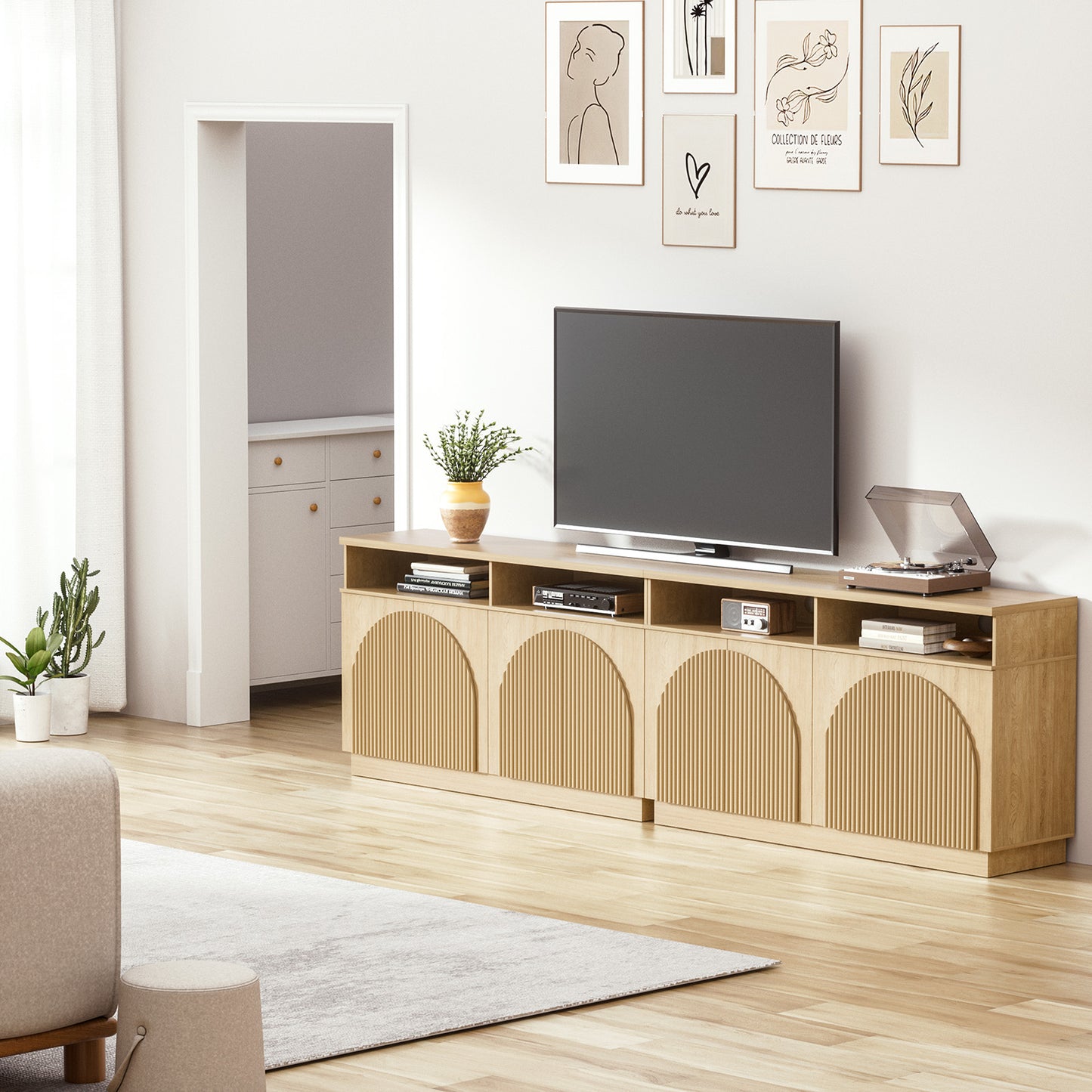 Brafabhome 55" Fluted Sideboard Buffet Cabinet with Arched Reeded Doors, Modern Credenza Storage Cabinet with Open Storage & Adjustable Shelves for Living Room & Dinning Room