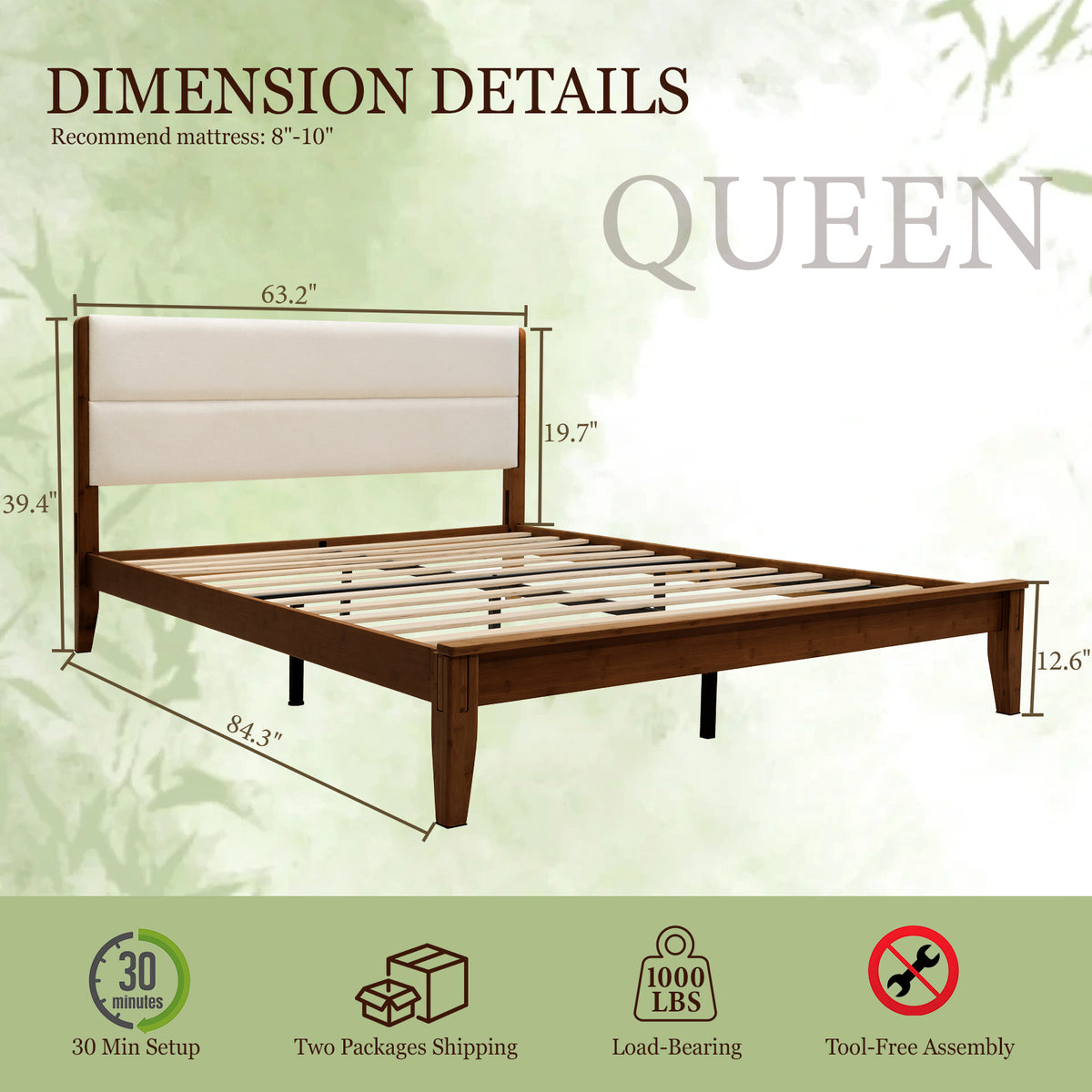 Brafabhome Bed Frame with Upholstered Headboard, Joinery Bamboo Wood Platform Bed with Noise Free Wood Slats, No Box Spring Needed, Easy Assembly