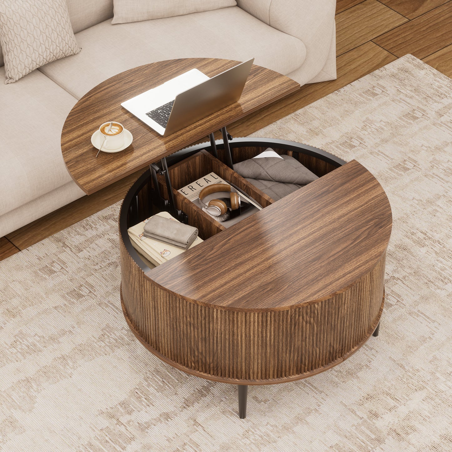Brafabhome Round Lift Top Coffee Table with Storage, 31.5" Flip-top Fluted Cocktail Table, Mid-Century Modern Center Table for Living Room