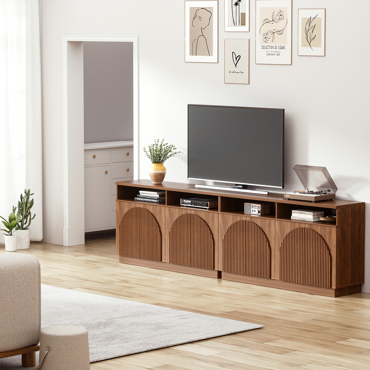 Brafabhome 55" Fluted Sideboard Buffet Cabinet with Arched Reeded Doors, Modern Credenza Storage Cabinet with Open Storage & Adjustable Shelves for Living Room & Dinning Room
