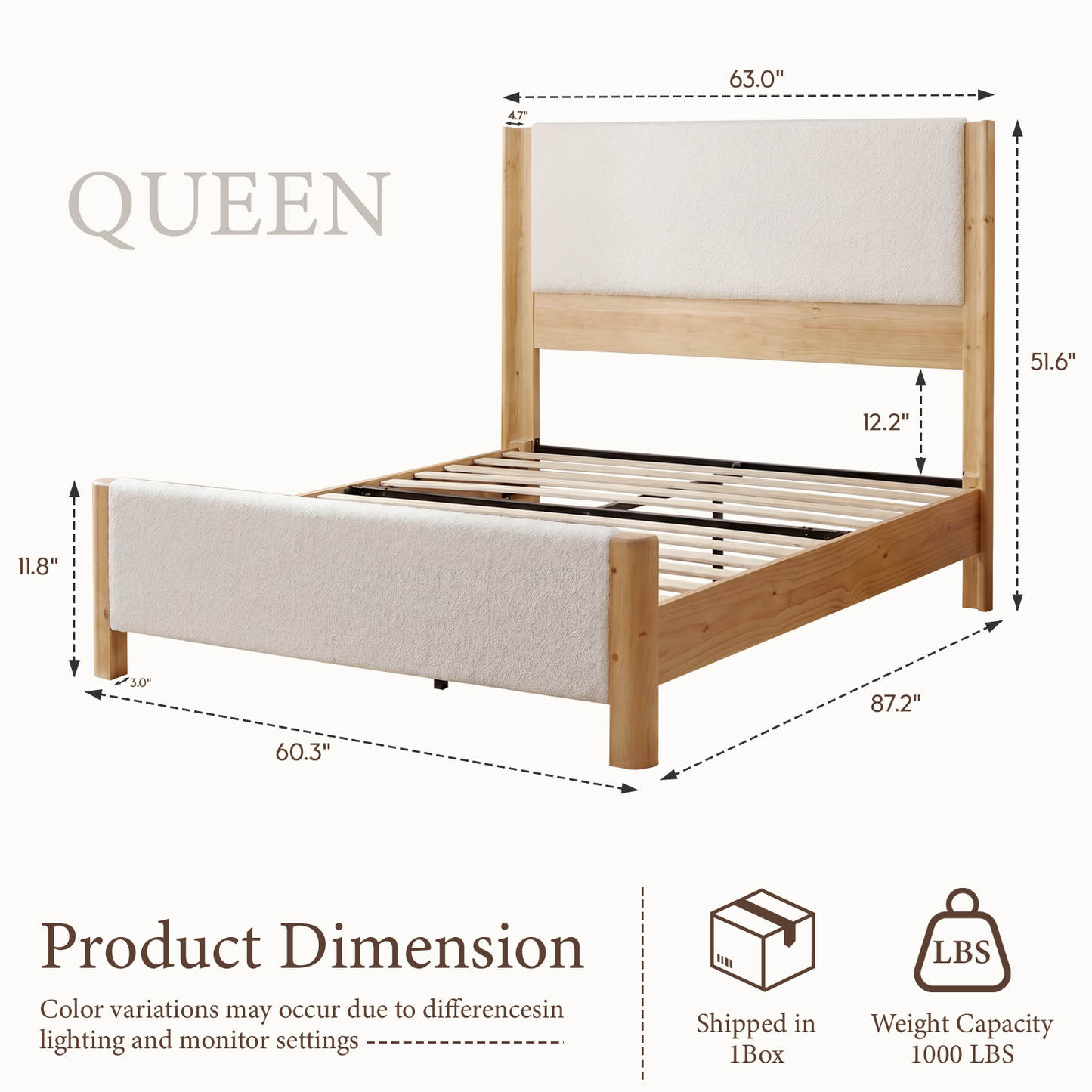 Brafabhome Queen Bed Frame with Solid Wood Curved Wingback, Modern Upholstered Platform Bed with 51'' Tall Headboard, No Box Spring Needed, White