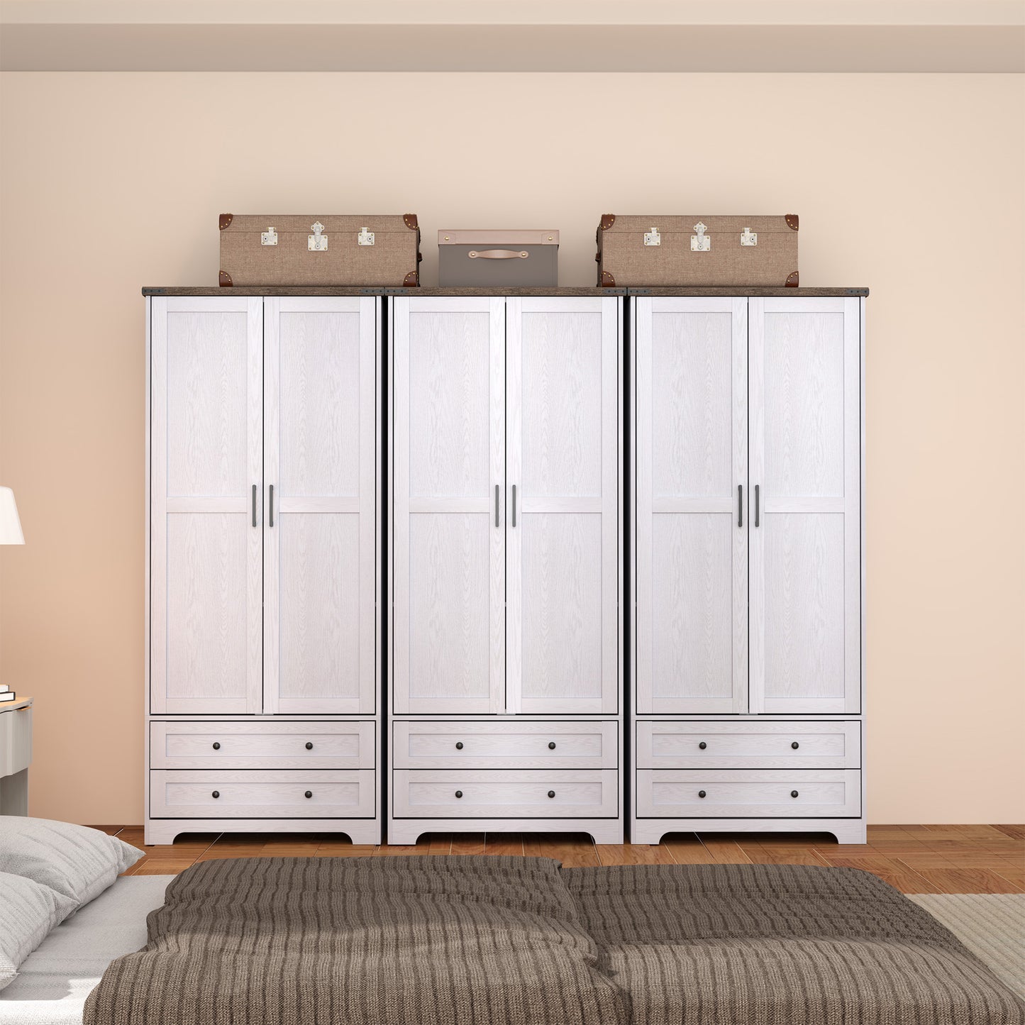 Brafabhome Farmhouse Wood Armoire Wardrobe Closet with 2 Doors, 71" Tall Freestanding Wardrobe Clothes Cabinet with Drawers and Hanging Rod for Bedroom