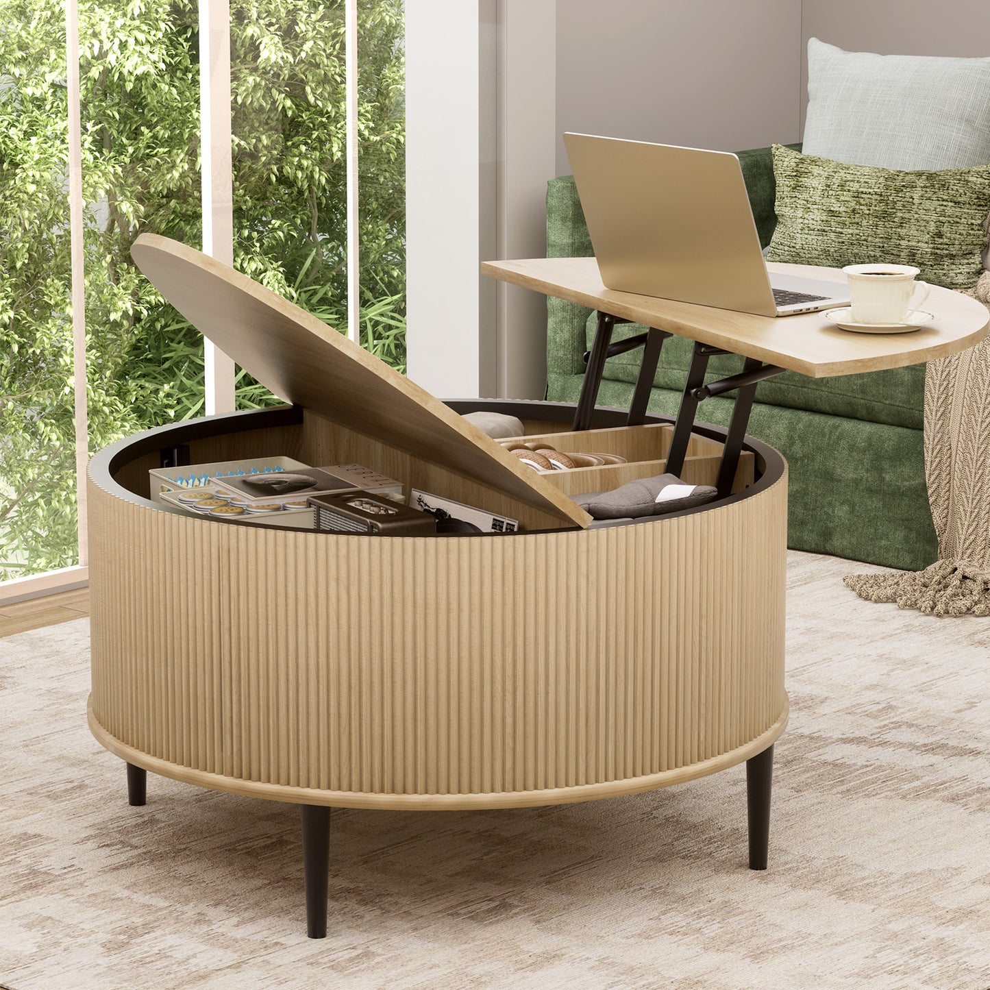 Brafabhome Round Lift Top Coffee Table with Storage, 31.5" Flip-top Fluted Cocktail Table, Mid-Century Modern Center Table for Living Room