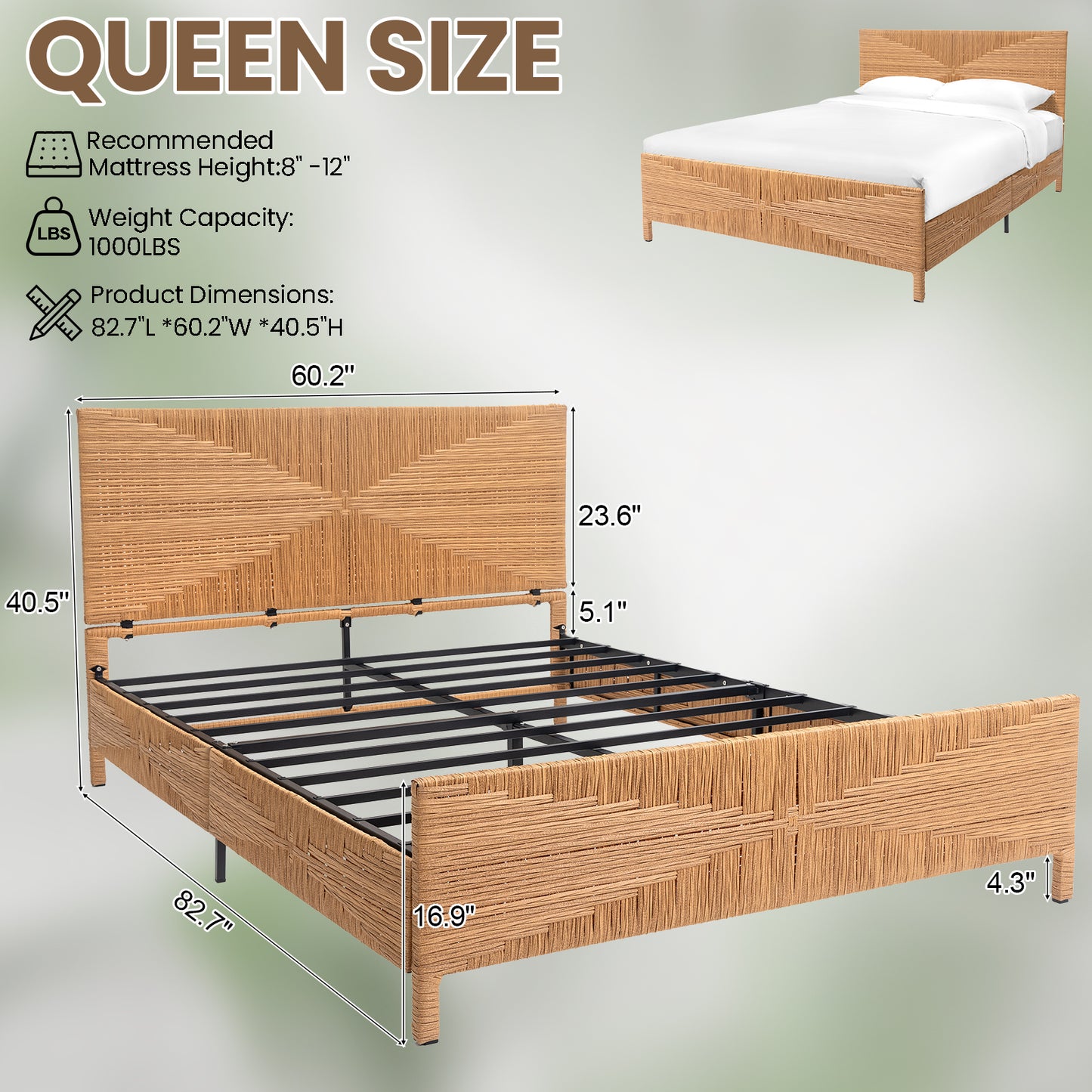 Brafabhome Bohemian Bed Frame with Hand-Woven Rattan Headboard and Footboard, No Box Spring Needed, 1000lbs