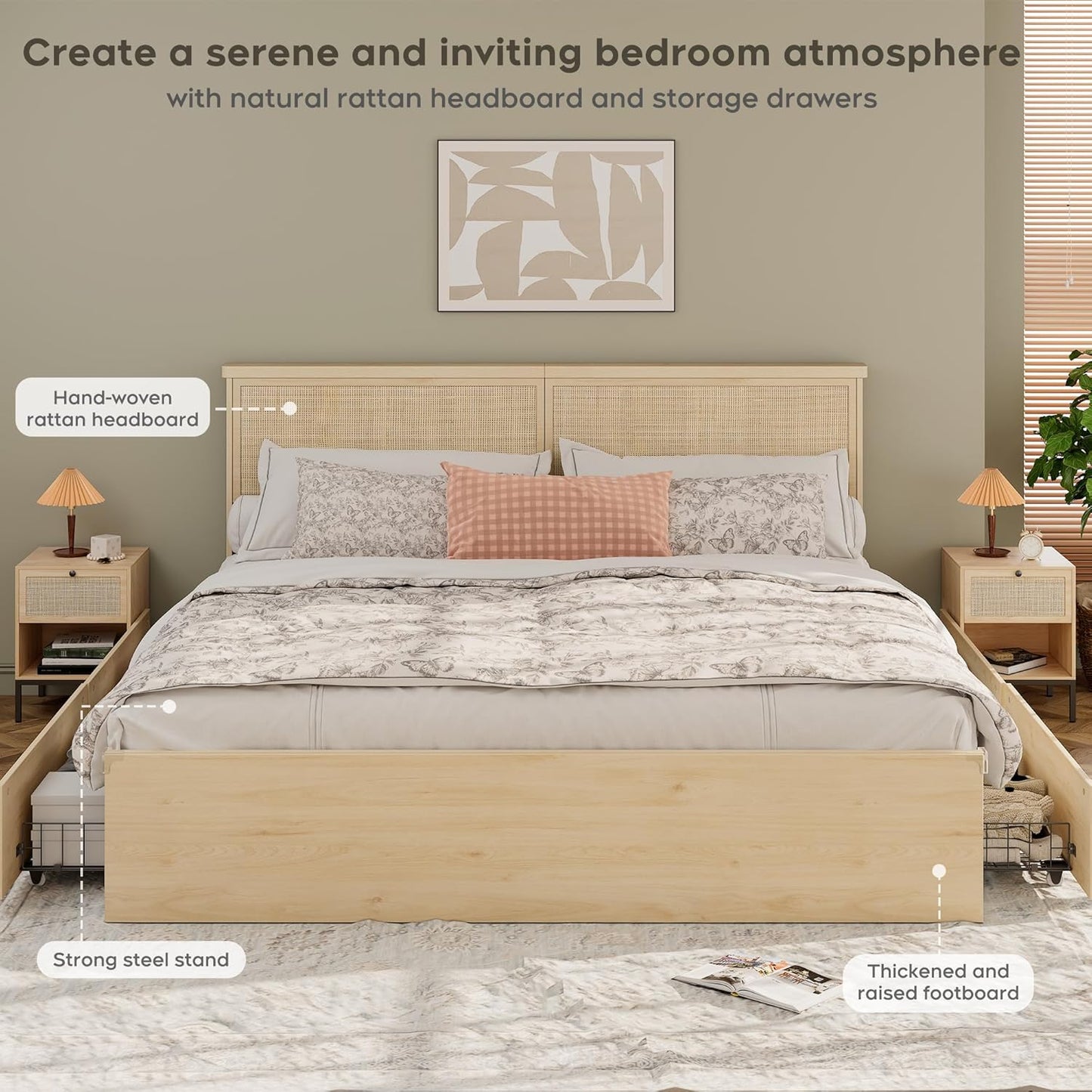 Brafabhome Rattan Bed Frames with Headboard, Wood Platform Bed Frame with 4 Storage Drawers, Mattress Foundation Noise-Free | Beige