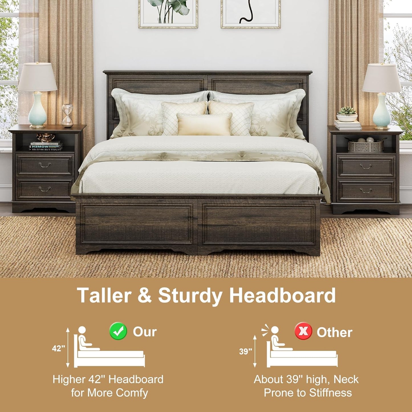 Brafabhome Mid-Century Wood Queen Bed Frame with 4 Storage Drawers, Rustic High Headboard Queen Size Platform Bed Frame for Bedroom Hotel Apartment, No Box Spring Needed