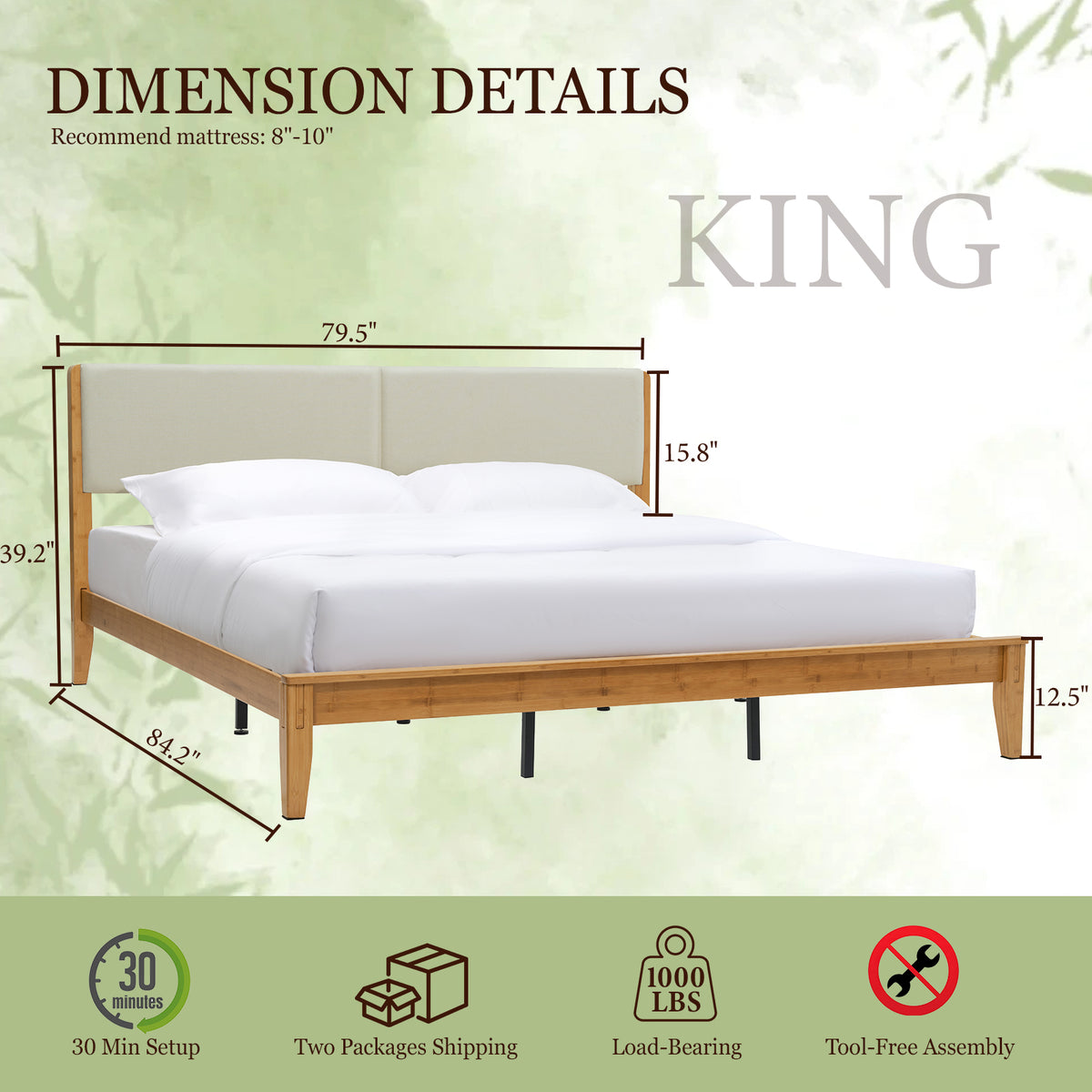 Brafabhome Bed Frame with Upholstered Headboard, Joinery Bamboo Wood Platform Bed with Noise Free Wood Slats, Easy Assembly, No Box Spring Needed