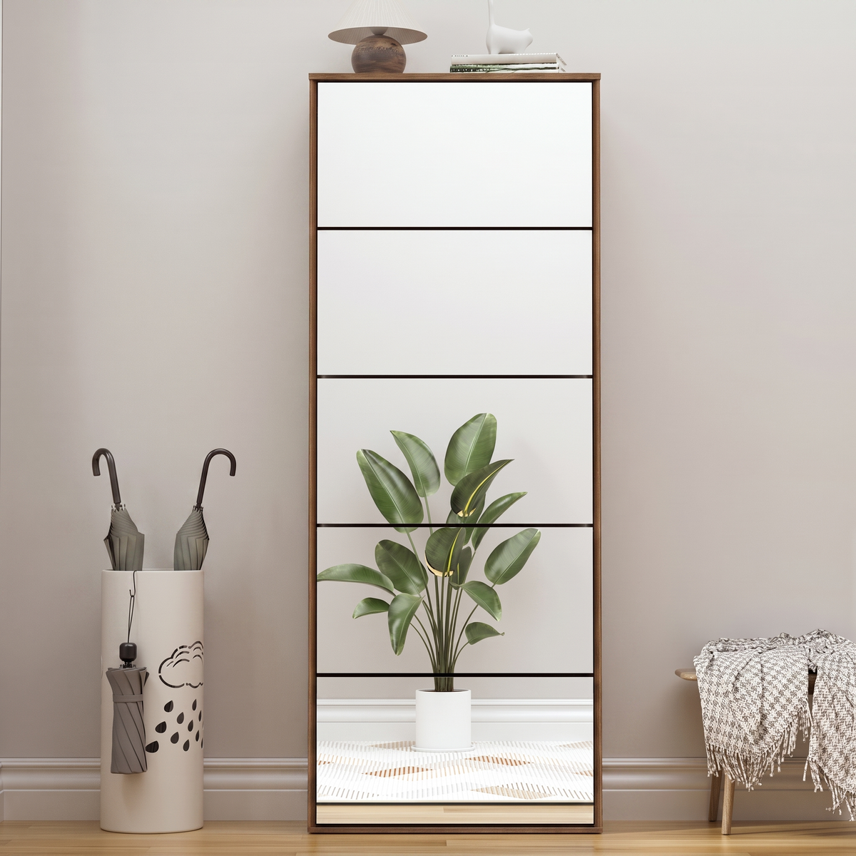 Brafabhome Mirror Shoe Cabinet with 5 Flip Doors, 30-Pairs Shoe Organizer Cabinet for Hallway, Modern Entryway Shoe Storage for Slippers Sneakers | Nature