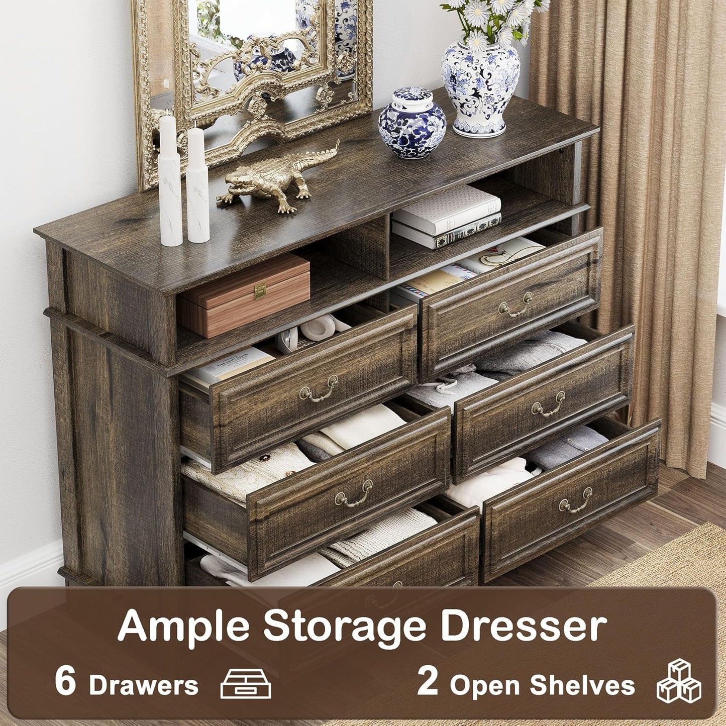 6 Drawer Dresser for Bedroom with Shelves Storage, 47'' Wide Farmhouse Thickened Wood Chest of Drawers, 35'' Tall Mid Century Modern Dressers Organizer for Living Room, Closet, Hallway