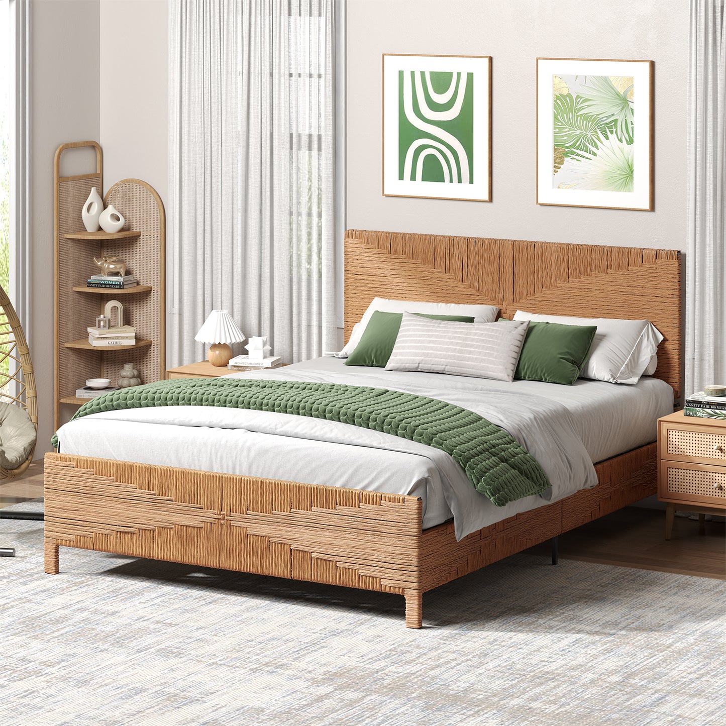 Brafabhome Bohemian Bed Frame with Hand-Woven Rattan Headboard and Footboard, No Box Spring Needed, 1000lbs