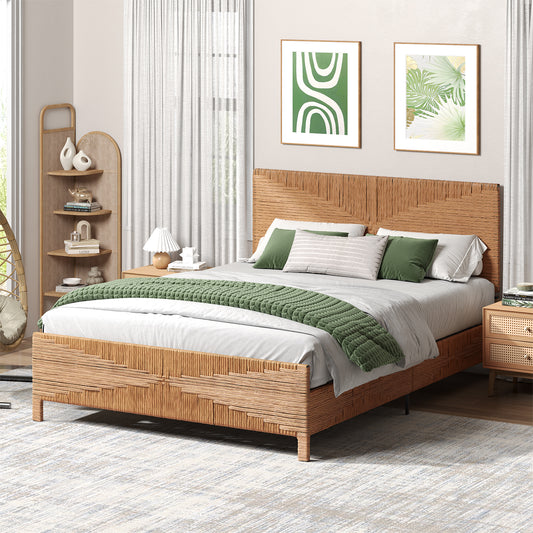 Brafabhome Bohemian Bed Frame with Hand-Woven Rattan Headboard and Footboard, No Box Spring Needed, 1000lbs