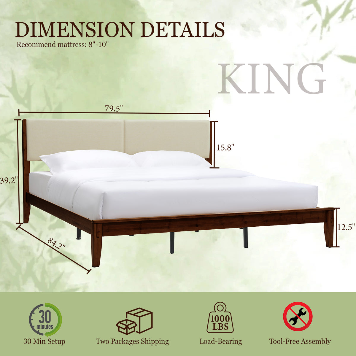 Brafabhome Bed Frame with Upholstered Headboard, Joinery Bamboo Wood Platform Bed with Noise Free Wood Slats, Easy Assembly, No Box Spring Needed