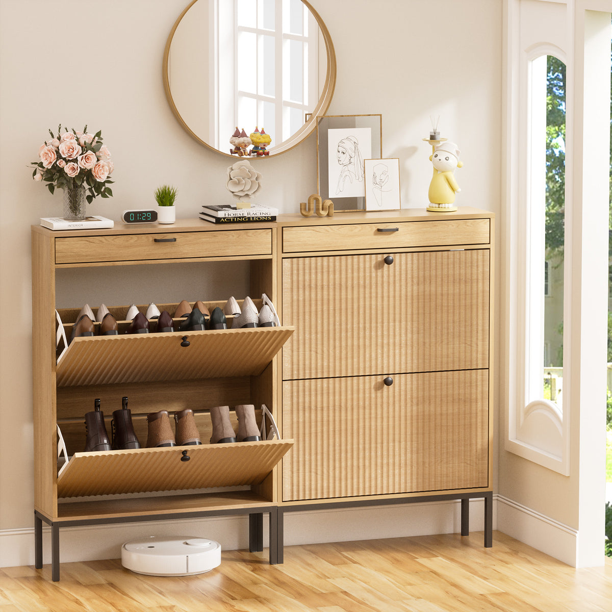 Brafabhome Shoe Storage Cabinet Slim Entryway Shoe Organizer with Half linear Circle Doors