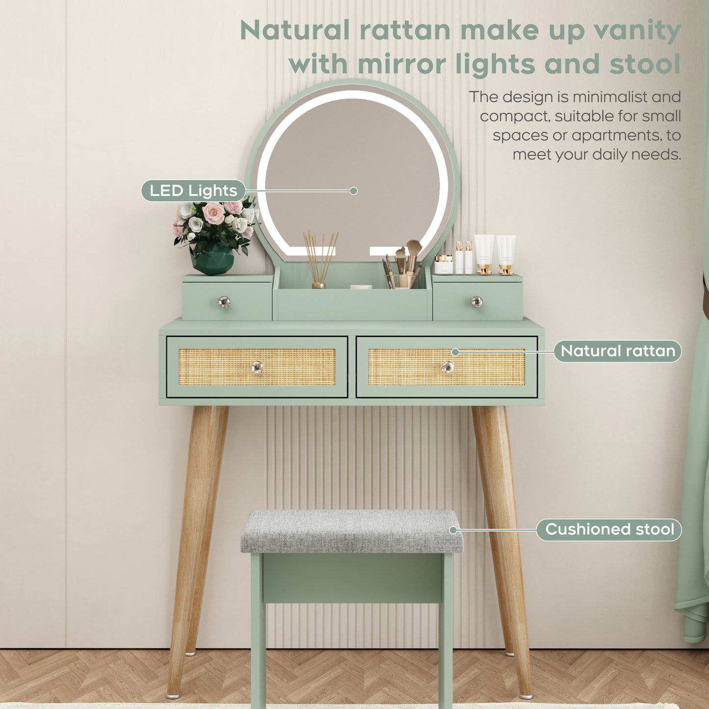Brafabhome Vintage Boho Vanity Table Set with Adjustable Lighted Mirror and Stool, Modern Dressing Table Set with Drawers and Storage Shelves for Makeup Room Bedroom | Green