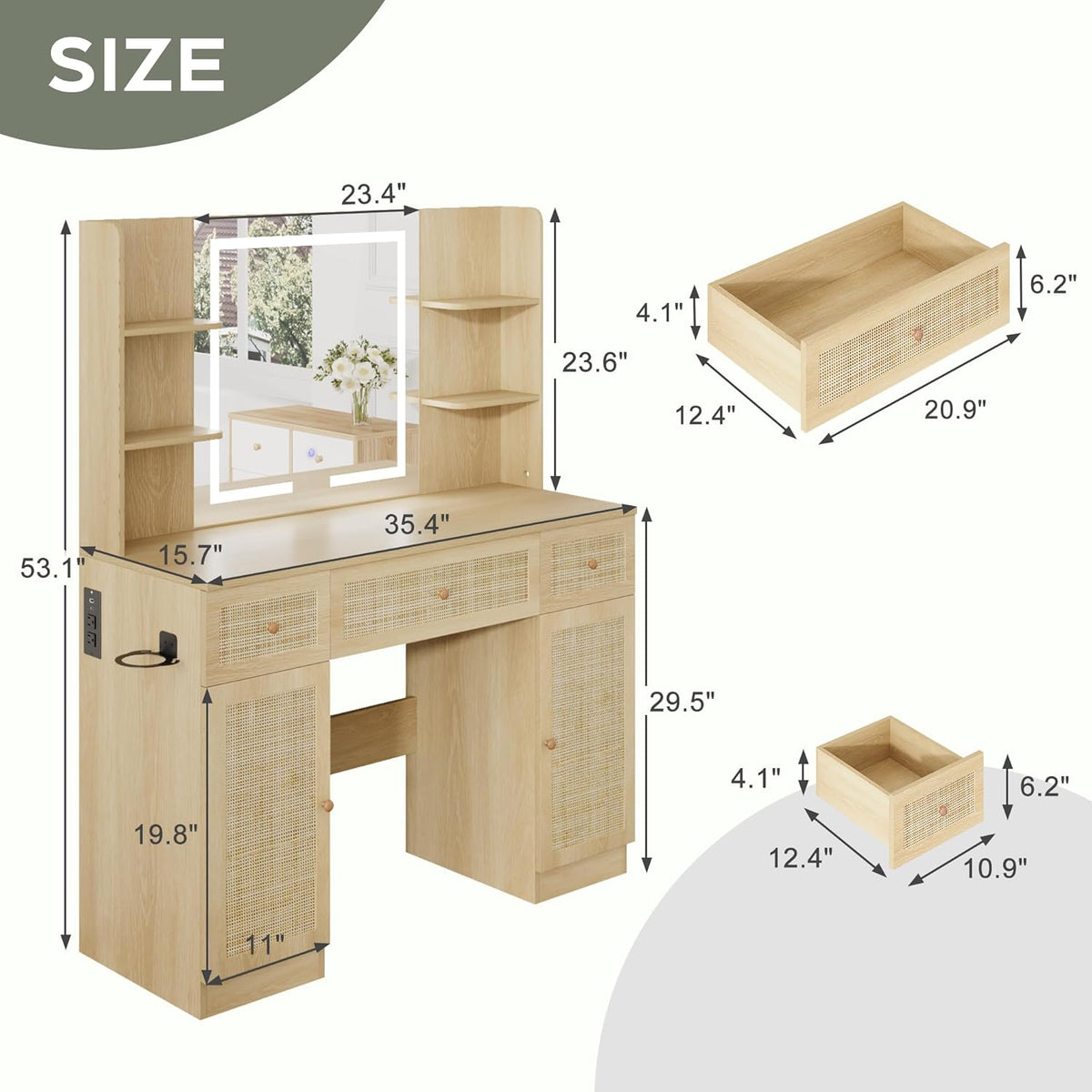 Brafabhome Boho Makeup Vanity Table with Lighted Mirror and USB Power, Rattan Vanity Table with Storage Shelves and Hair Dryer Stand for Makeup Room Bedroom