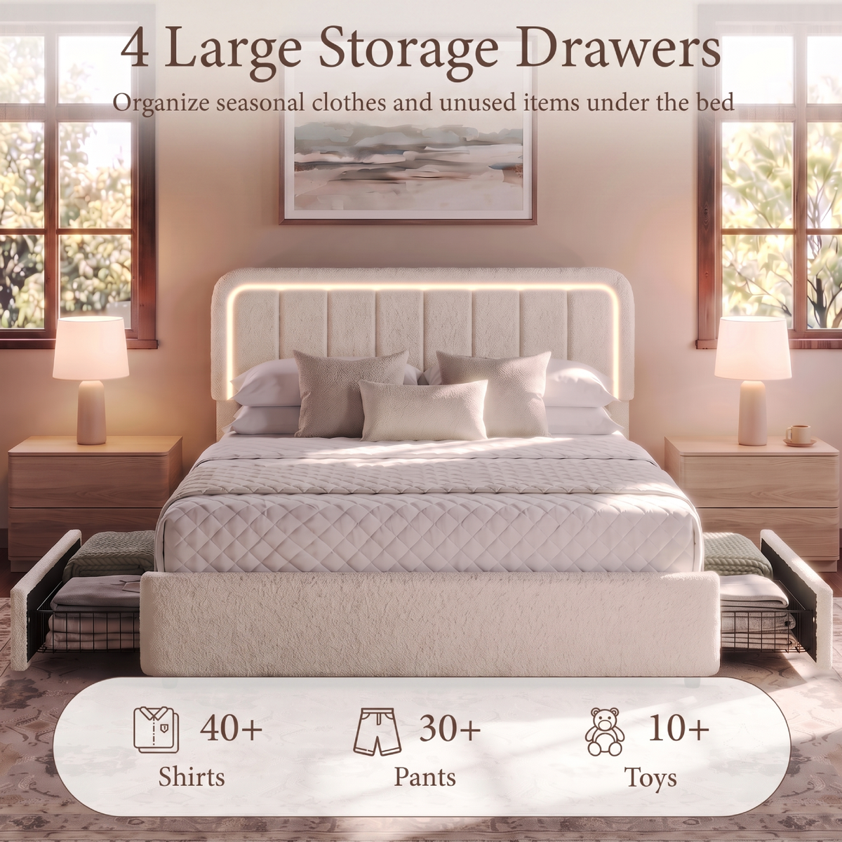 Brafabhome Cloud Bed Frame with Adjustable Height Headboard, Boucle Upholstered Bed Frame with LED Light, Modern Platform Bed with 4 Storage Drawers, No Box Spring Needed, Beige