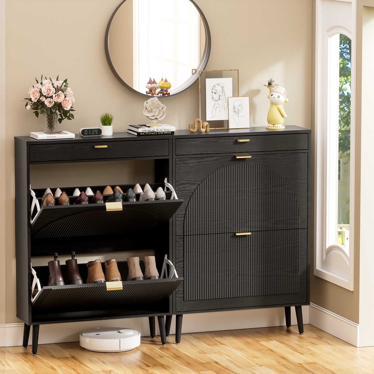 Brafabhome Shoe Storage Cabinet with Arched Wavy Flip Drawers, Walnut Freestanding Shoe Rack Slim Entryway Shoe Organizer with Adjustable Shelf, 12 Pairs