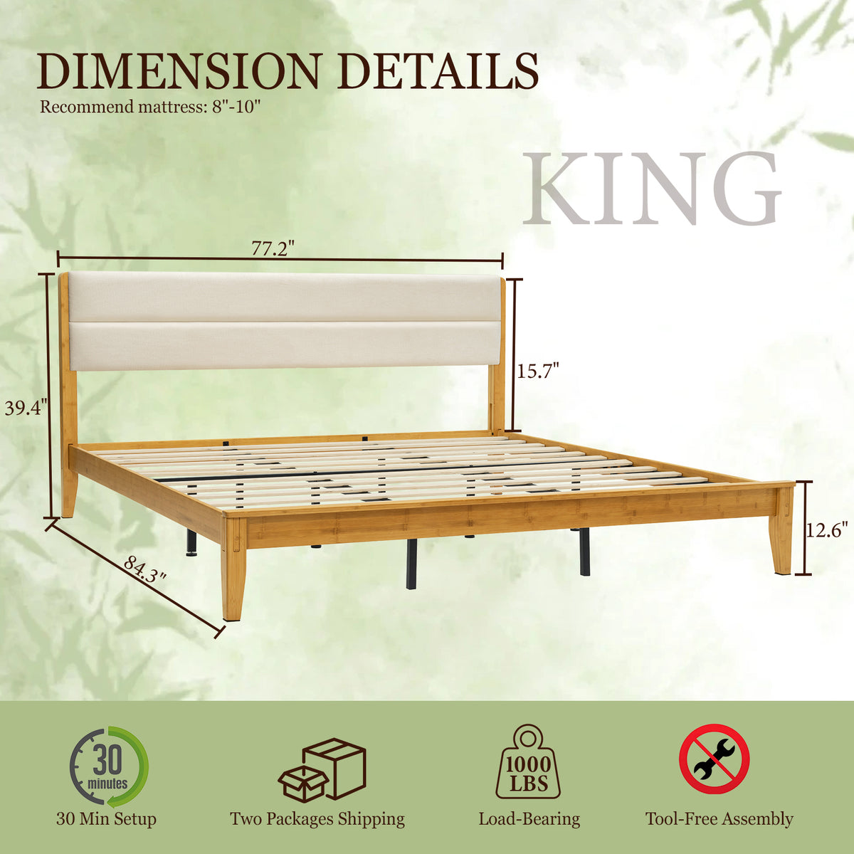 Brafabhome Bed Frame with Upholstered Headboard, Joinery Bamboo Wood Platform Bed with Noise Free Wood Slats, No Box Spring Needed, Easy Assembly