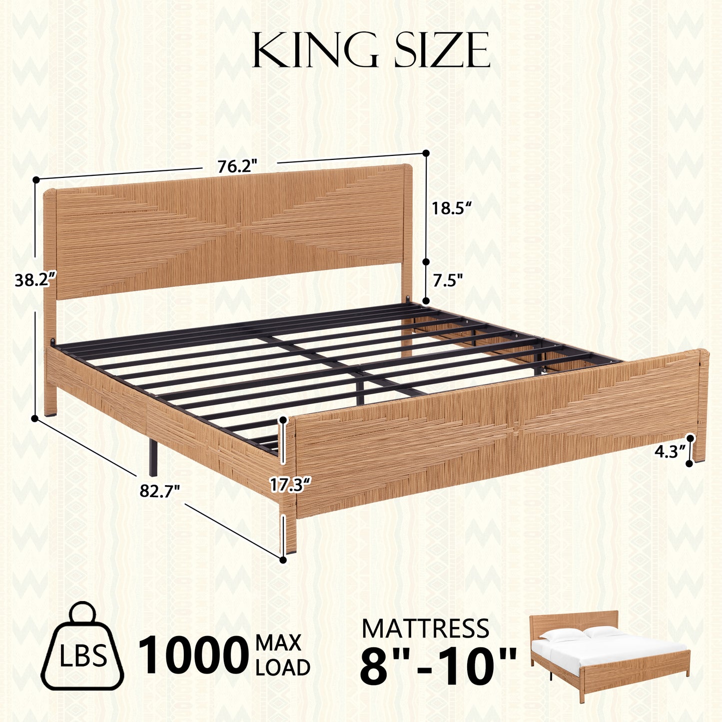Brafabhome Bohemian Bed Frame with Hand-Woven Rattan Headboard and Footboard, No Box Spring Needed, 1000lbs
