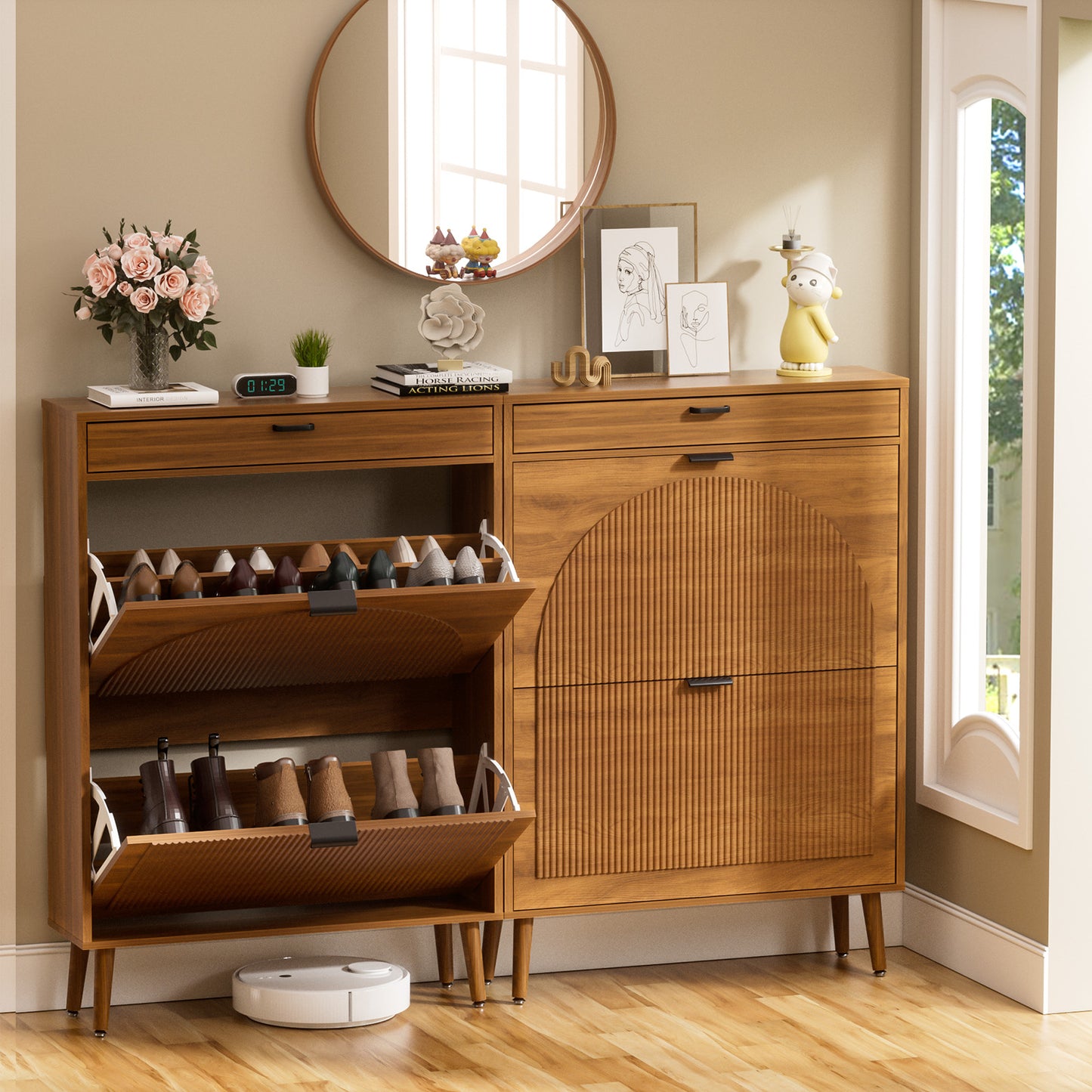 Brafabhome Shoe Storage Cabinet with Arched Wavy Flip Drawers, Walnut Freestanding Shoe Rack Slim Entryway Shoe Organizer with Adjustable Shelf, 12 Pairs