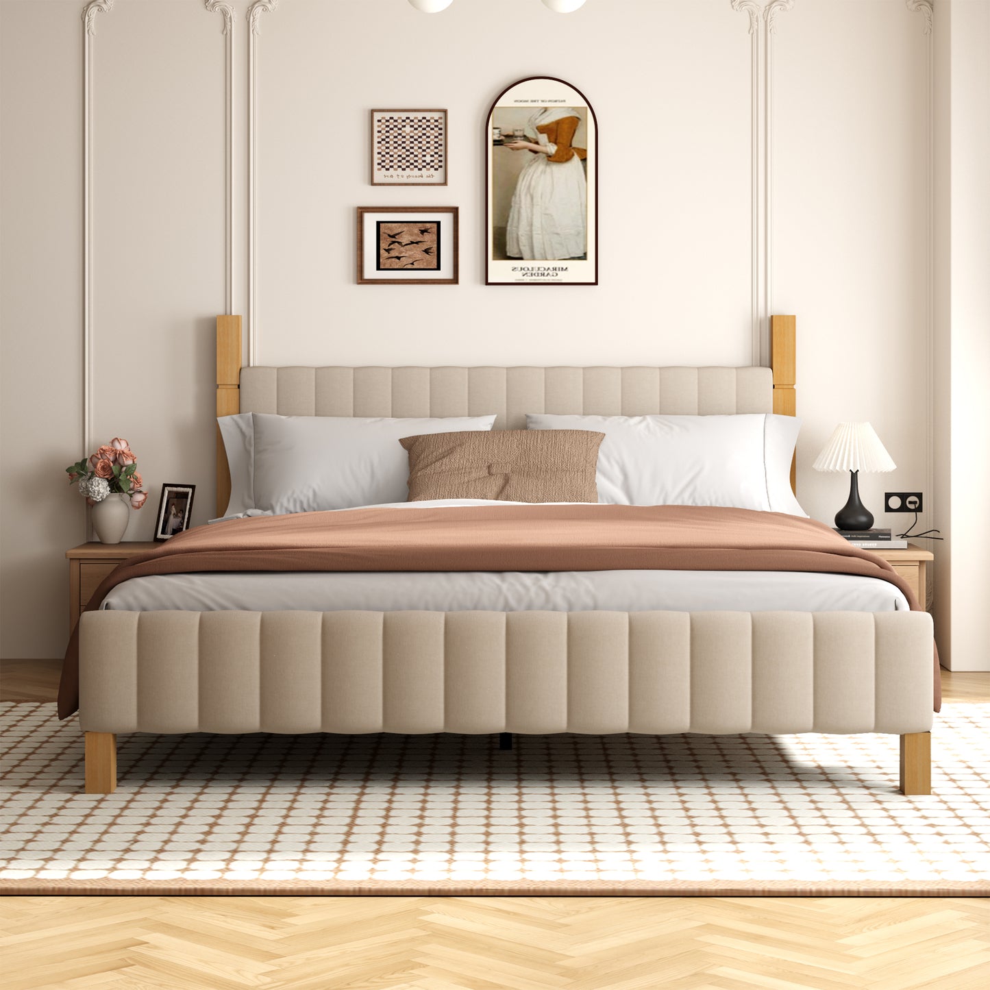 Brafabhome Bed Frame with Upholstered Headboard, Modern Wood Bed Frame with Solid Wood Posts, No Box Spring Needed, Beige Linen