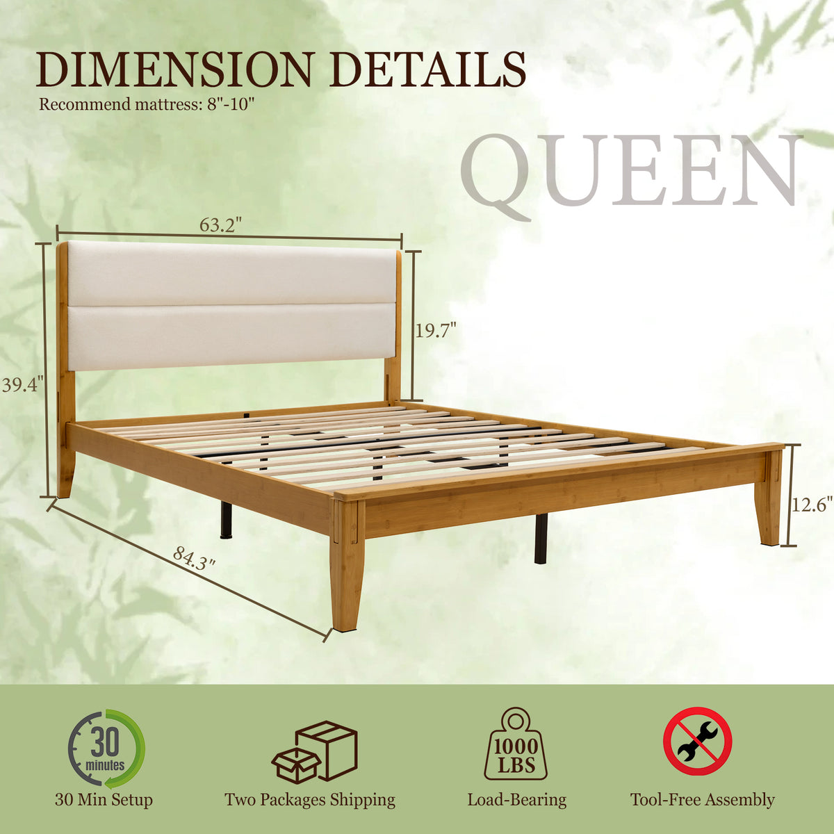 Brafabhome Bed Frame with Upholstered Headboard, Joinery Bamboo Wood Platform Bed with Noise Free Wood Slats, No Box Spring Needed, Easy Assembly