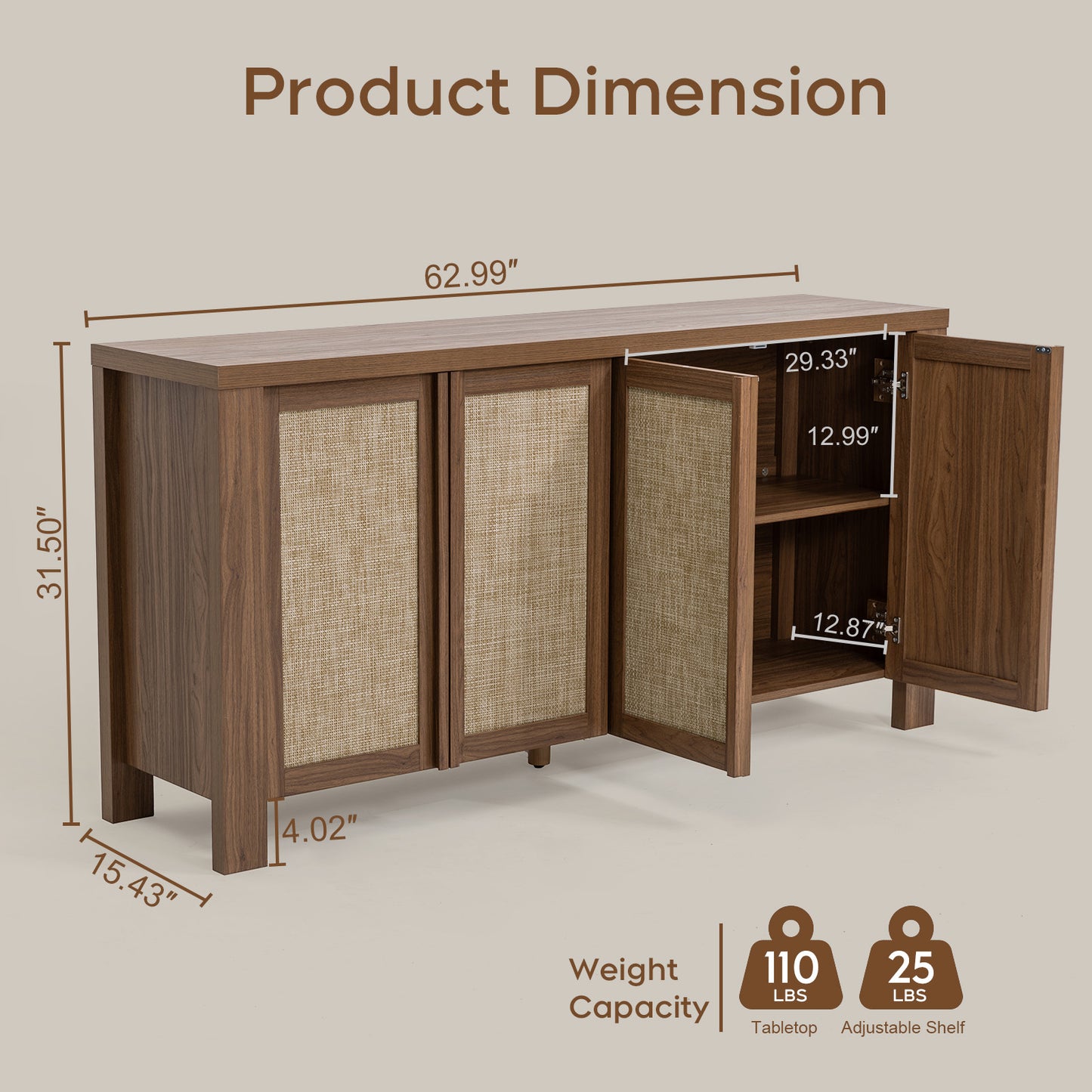 Brafabhome 63" Wide Sideboard with Solid Wood Handles, 4 Doors Buffet Cabinet with Storage Shelf for Living Room, Dining Room, Entryway