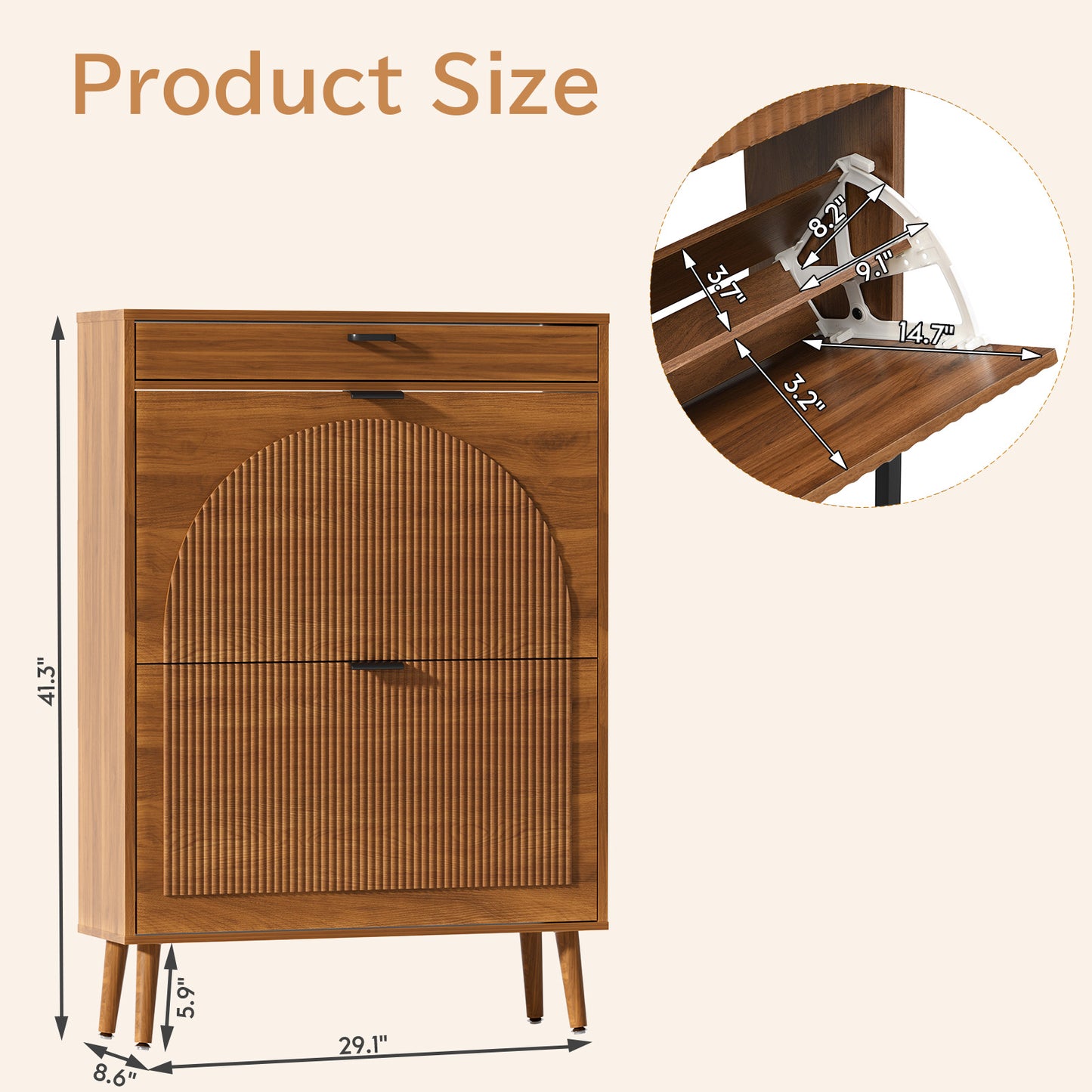 Brafabhome Shoe Storage Cabinet with Arched Wavy Flip Drawers, Walnut Freestanding Shoe Rack Slim Entryway Shoe Organizer with Adjustable Shelf, 12 Pairs