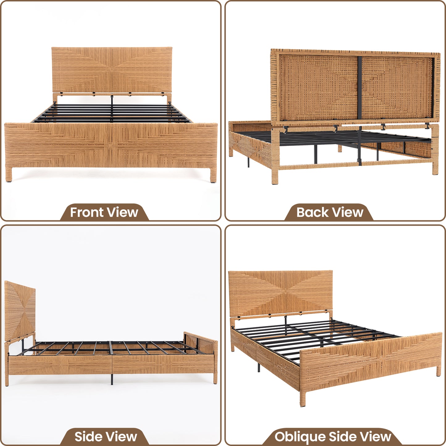 Brafabhome Bohemian Bed Frame with Hand-Woven Rattan Headboard and Footboard, No Box Spring Needed, 1000lbs