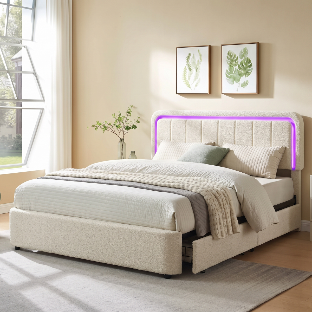 Brafabhome Cloud Bed Frame with Adjustable Height Headboard, Boucle Upholstered Bed Frame with LED Light, Modern Platform Bed with 4 Storage Drawers, No Box Spring Needed, Beige
