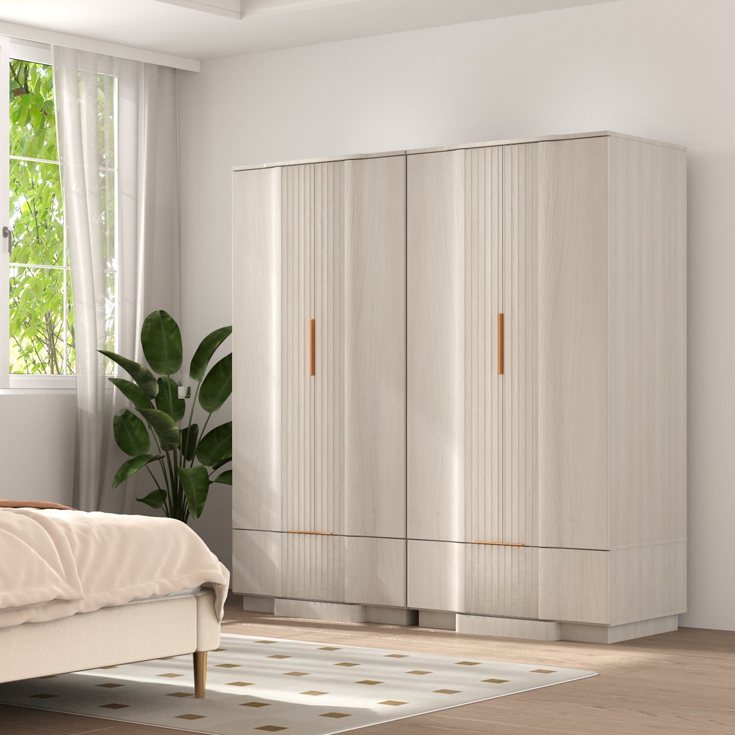 Brafabhome 64" Fluted Armoire Wardrobe Closet with Drawer, Wooden Fluted Doors Wardrobe Cabinet with Adjustable Shelf for Bedroom