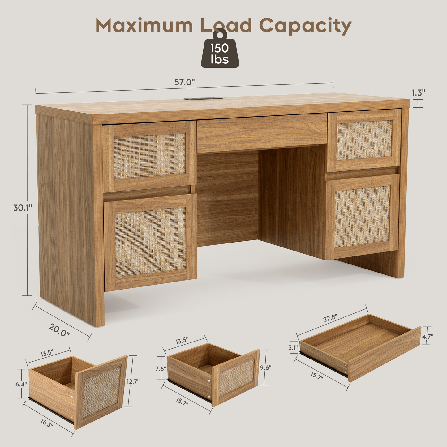 Brafabhome 57" Rattan Executive Desk with 5 Storage Drawers, Modern Study Writing Table Wooden Computer Desks with Charging Station for Home Office Bedroom