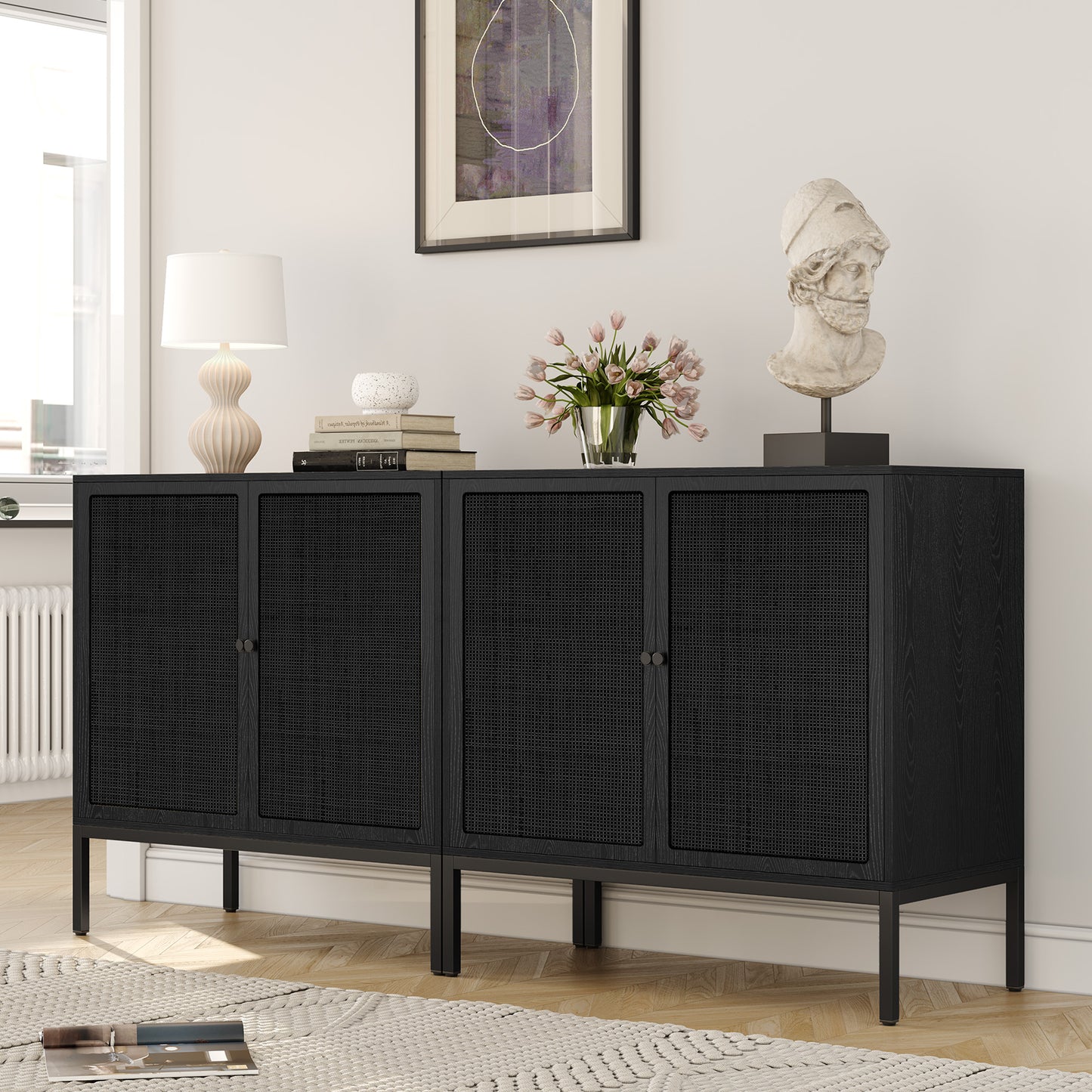 Brafabhome Sideboard Storage Cabinet with Handmade Natural Rattan Doors, Buffet Cabinet with Storage Shelf for Living Room, Dining Room, Entryway, Kitchen