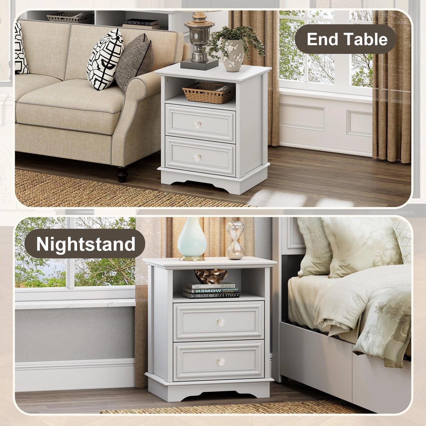 Brafabhome Farmhouse Mid Century Modern Nightstand, 2-Drawer 25" Tall Wood