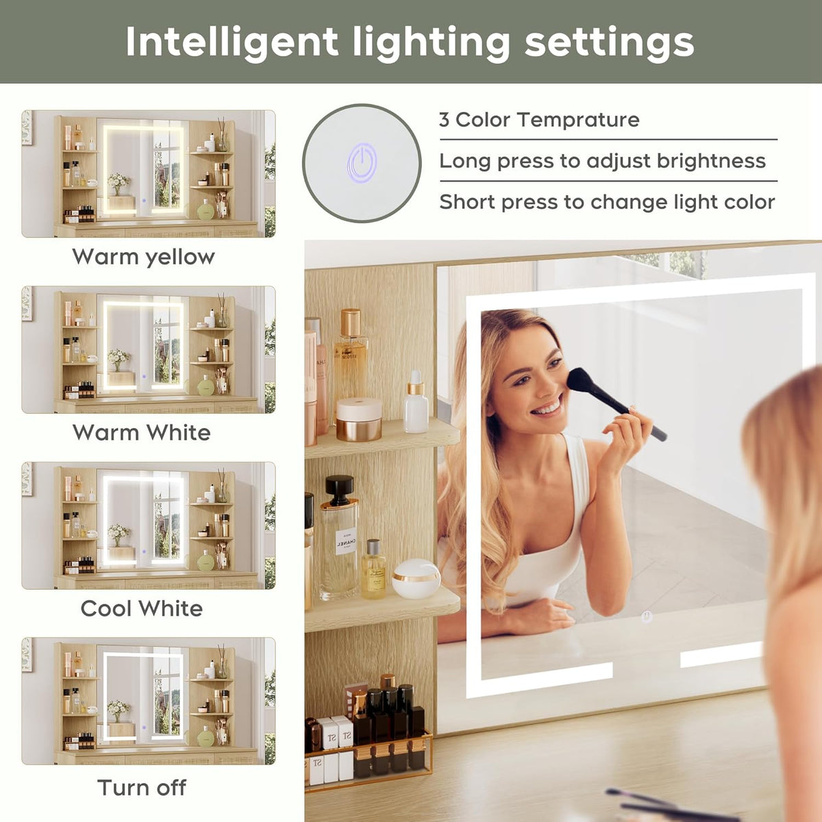 Brafabhome Boho Makeup Vanity Table with Lighted Mirror and USB Power, Rattan Vanity Table with Storage Shelves and Hair Dryer Stand for Makeup Room Bedroom