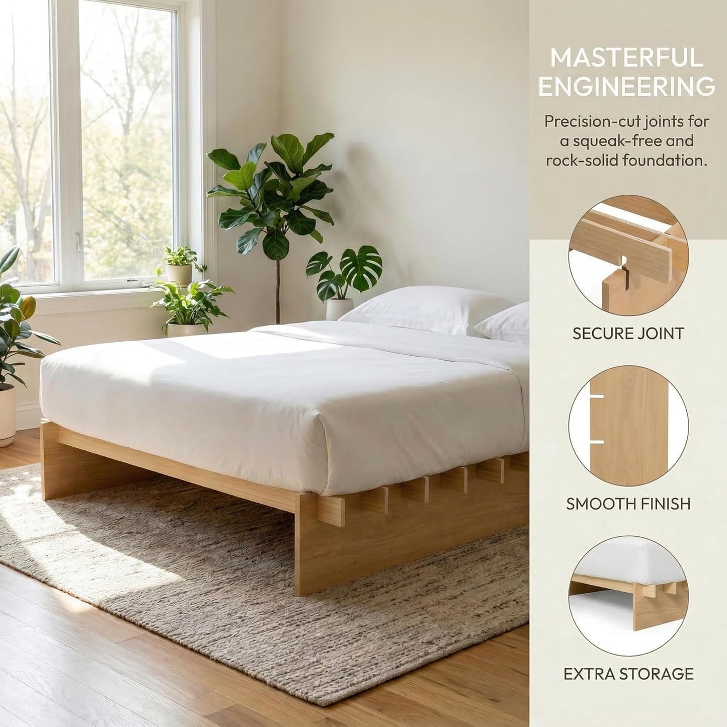 Brafabhome Bed Frame with Wood Slat Support, Joinery Wood Platform with 8" Under-Bed Storage, No Box Spring Needed, No-Tool Assembly, Natural