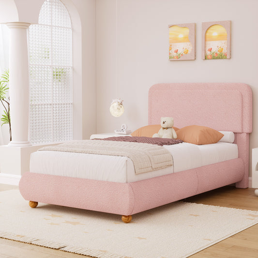 Brafabhome Twin Size Bed Frame with Round Corner Headboard, Soft Boucle Cloud Upholstered Fluffy Platform Bed with Bump-Proof Edge Footboard for Kids, No Box Spring Needed | Pink