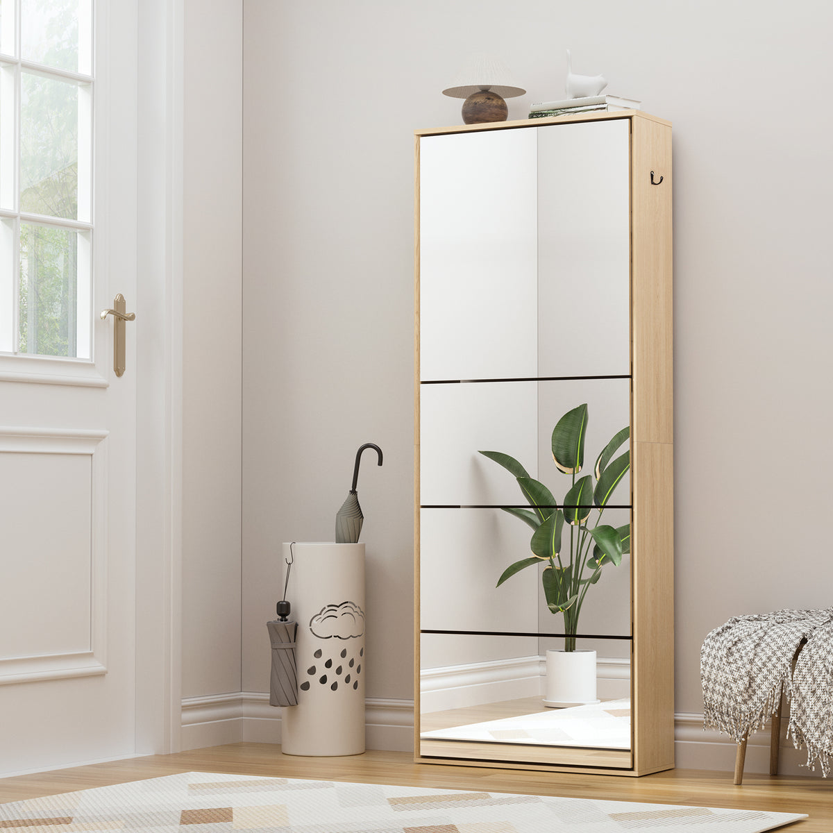 Brafabhome Mirror Shoe Cabinet with 3 Flip Doors and Cabinet, 20-Pairs Shoe Organizer Cabinet for Hallway, Modern Entryway Shoe Storage for Slippers Sneakers | Nature