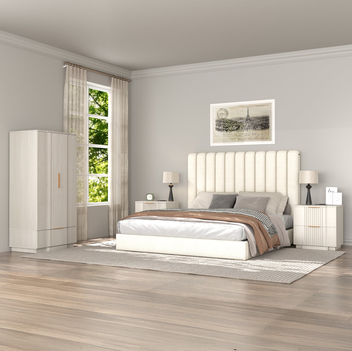 rafabhome Curved Profile Fluted Nightstand with Charging Station, Modern Large Nightstands with Drawer, Wood Bedside Table with Open Shelf for Bedroom Living Room Home Office