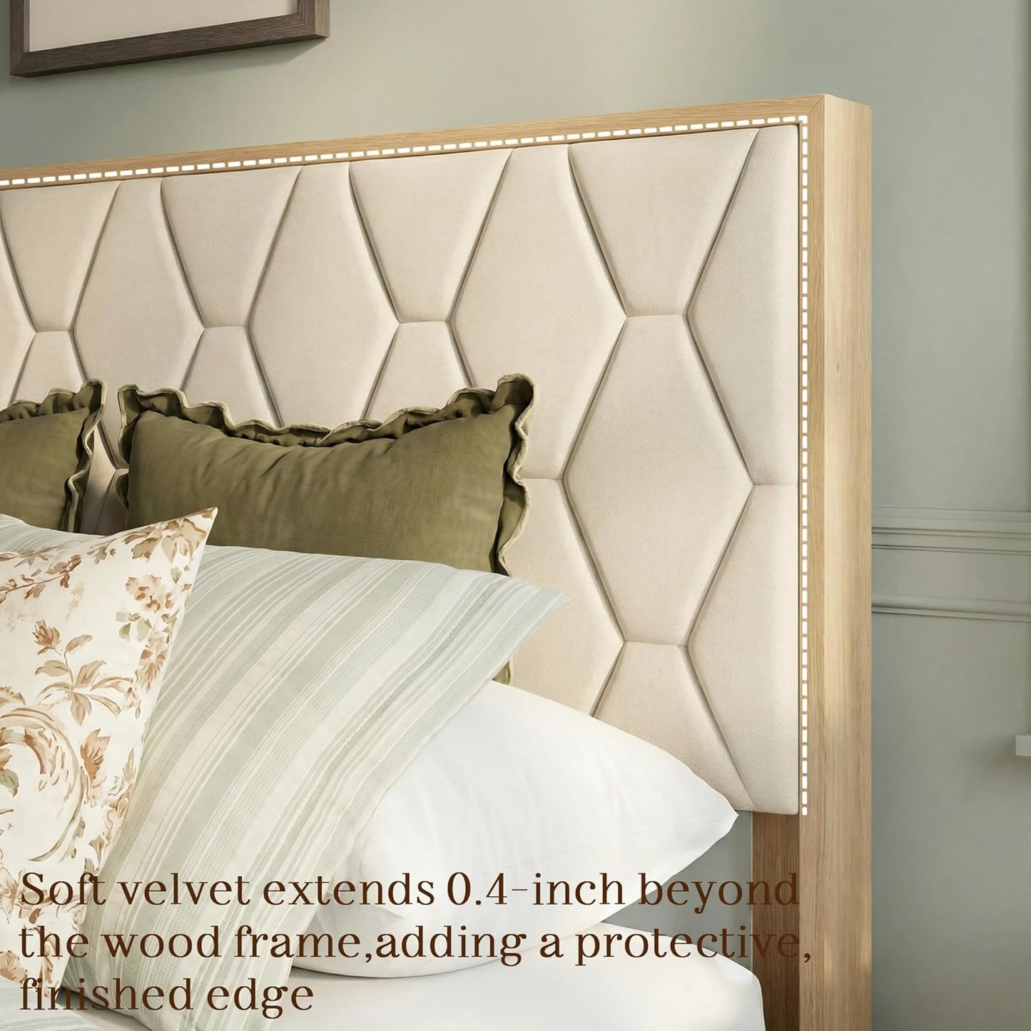 Brafabhome Bed Frame with Velvet Upholstered Headboard, Wood Platform Bed with Under-Bed Storage, No Box Spring Needed