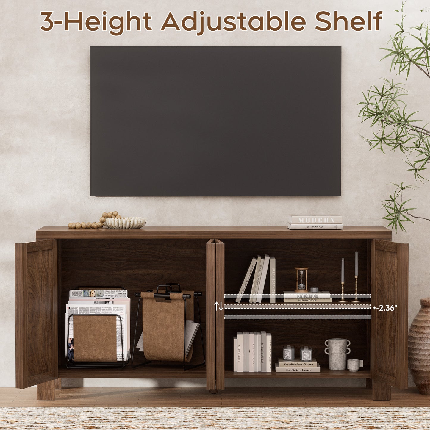 Brafabhome 63" Wide Sideboard with Solid Wood Handles, 4 Doors Buffet Cabinet with Storage Shelf for Living Room, Dining Room, Entryway