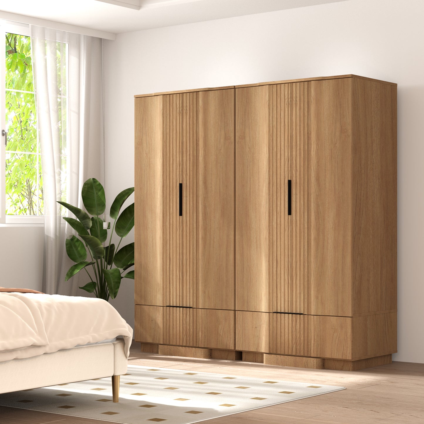 Brafabhome 64" Fluted Armoire Wardrobe Closet with Drawer, Wooden Fluted Doors Wardrobe Cabinet with Adjustable Shelf for Bedroom