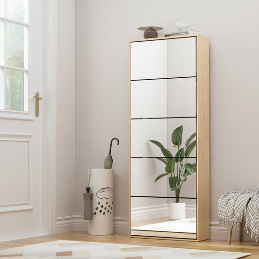 Brafabhome Mirror Shoe Cabinet with 5 Flip Doors, 30-Pairs Shoe Organizer Cabinet for Hallway, Modern Entryway Shoe Storage for Slippers Sneakers | Nature
