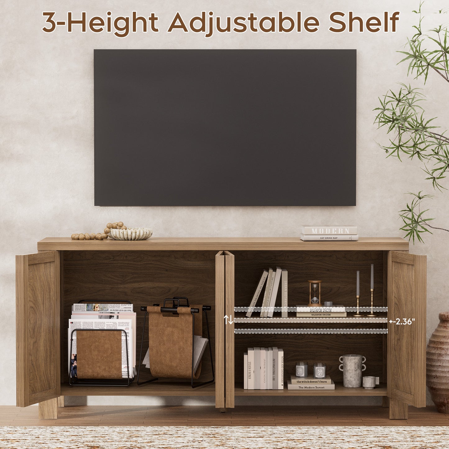 Brafabhome 63" Wide Sideboard with Solid Wood Handles, 4 Doors Buffet Cabinet with Storage Shelf for Living Room, Dining Room, Entryway