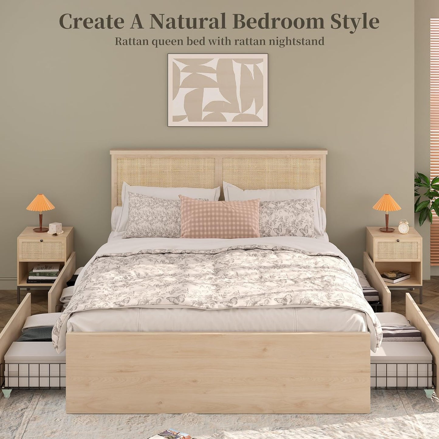 Brafabhome Rattan Bed Frames with Headboard, Wood Platform Bed Frame with 4 Storage Drawers, Mattress Foundation Noise-Free | Beige