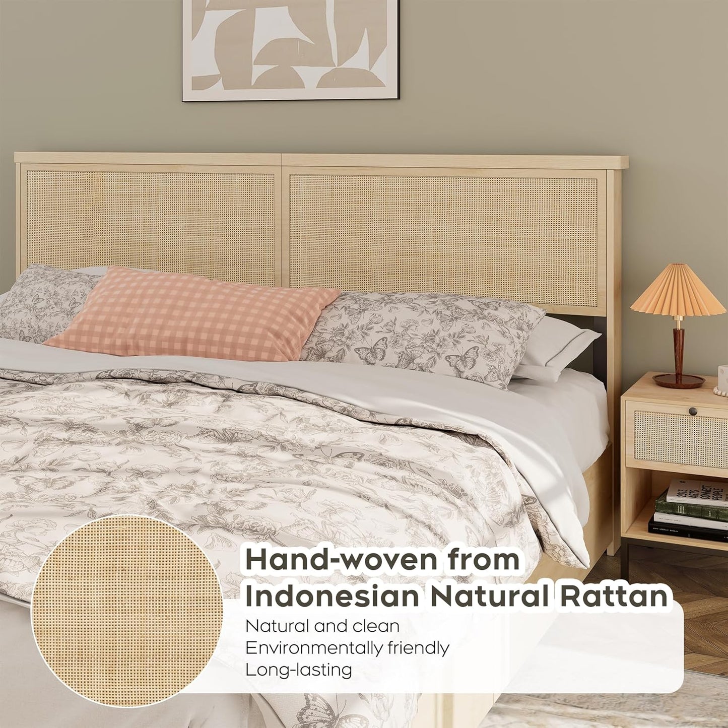 Brafabhome Rattan Bed Frames with Headboard, Wood Platform Bed Frame with 4 Storage Drawers, Mattress Foundation Noise-Free | Beige