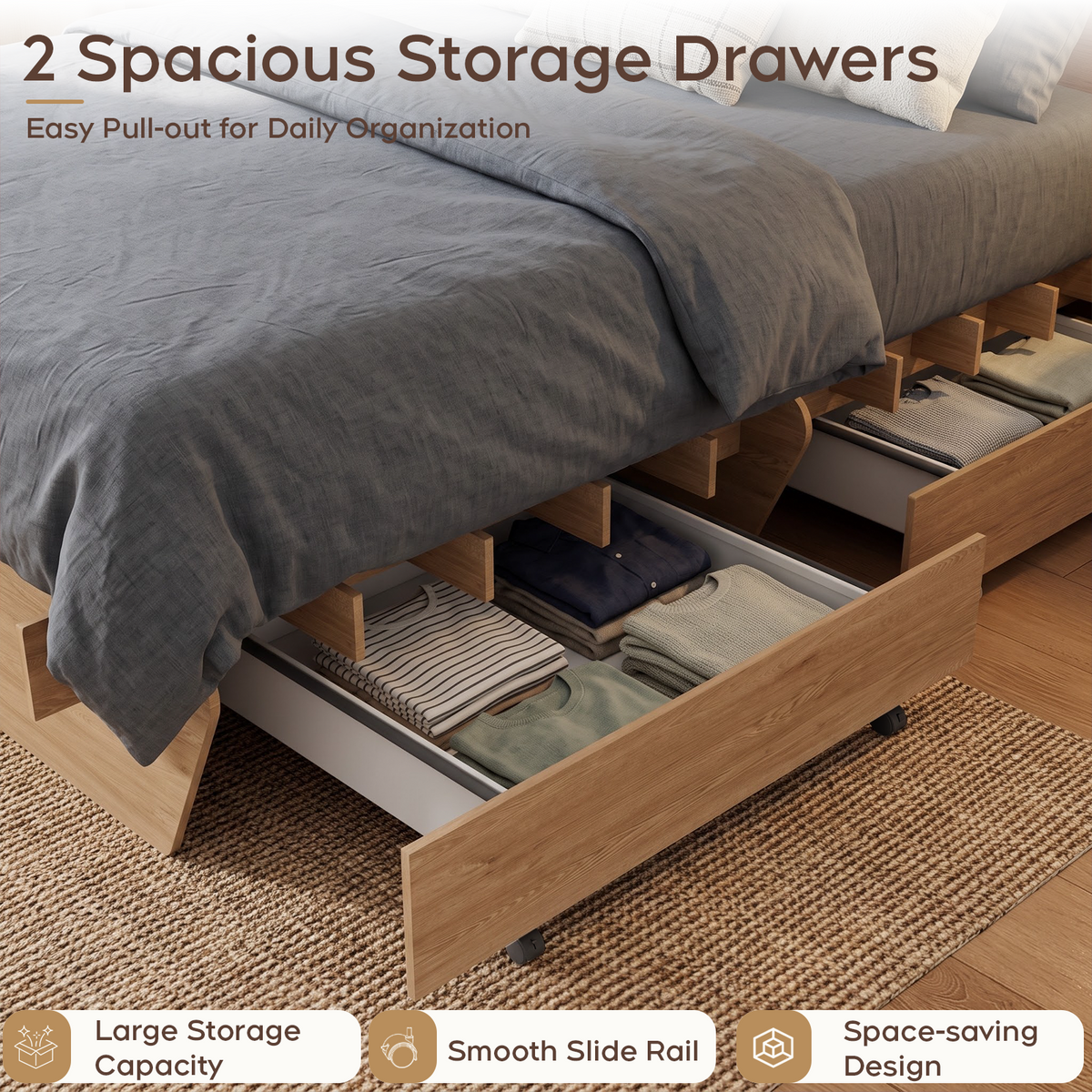 Brafabhome Brich Plywood Bed Frame with Storage Drawers, Modern Joinery Wood Platform with Solid Wood Slat Support, No Box Spring Needed, No-Tool Assembly