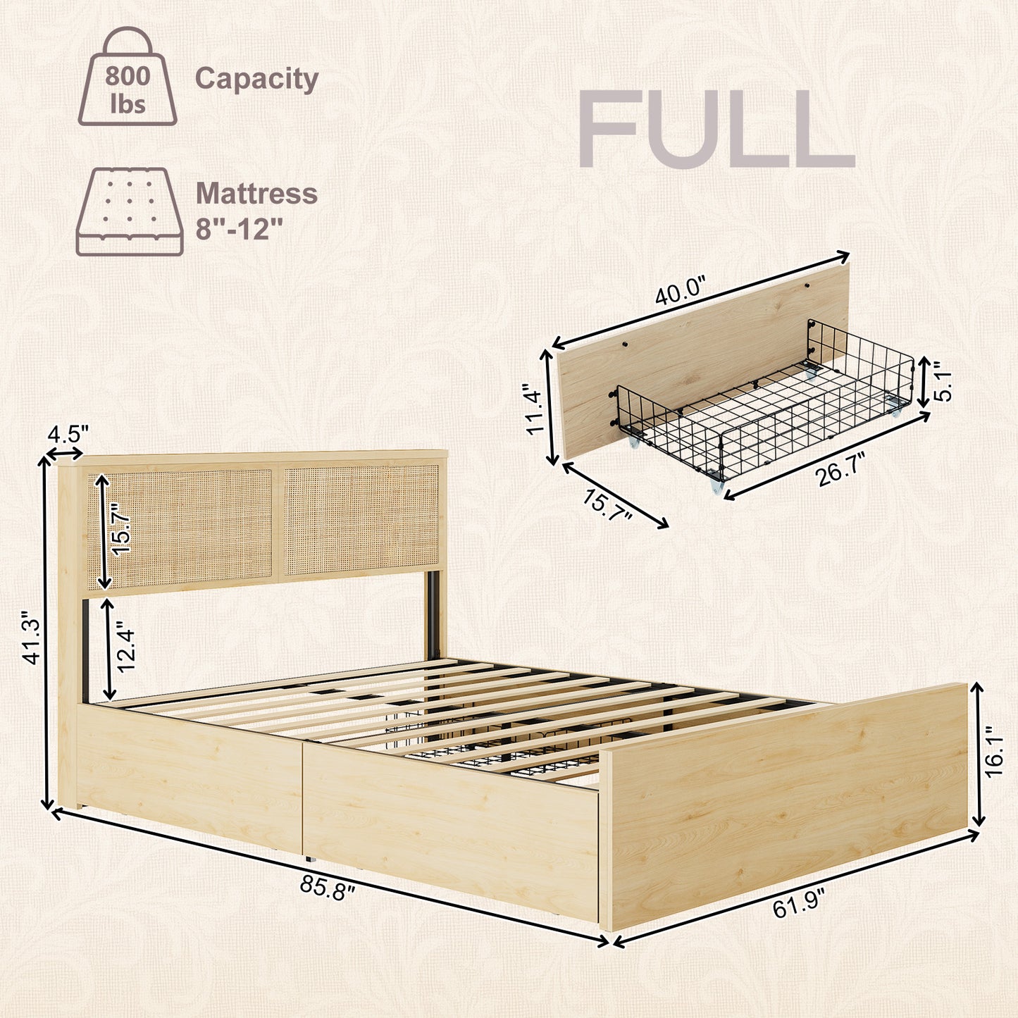 Brafabhome Rattan Bed Frames with Headboard, Wood Platform Bed Frame with 4 Storage Drawers, Mattress Foundation Noise-Free | Beige