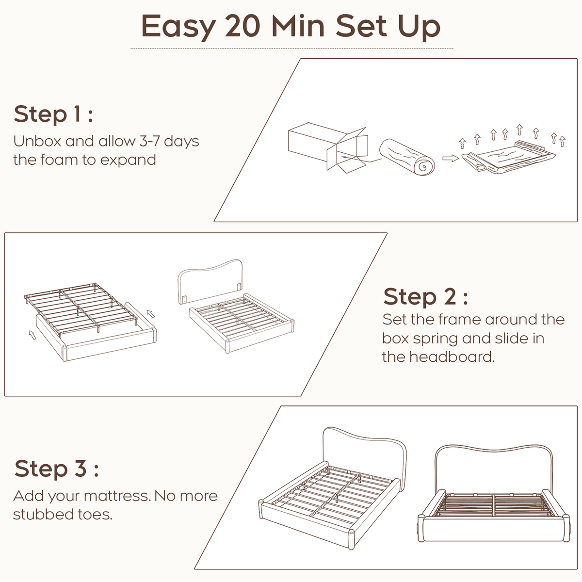 Brafabhome AirFrame Bed Frame with 5.5" Thick Curved Headboard, Modern Cloud Upholstered Platform Bed Frame with Solid Wood Legs, No Box Spring Needed, Easy Assembly | White